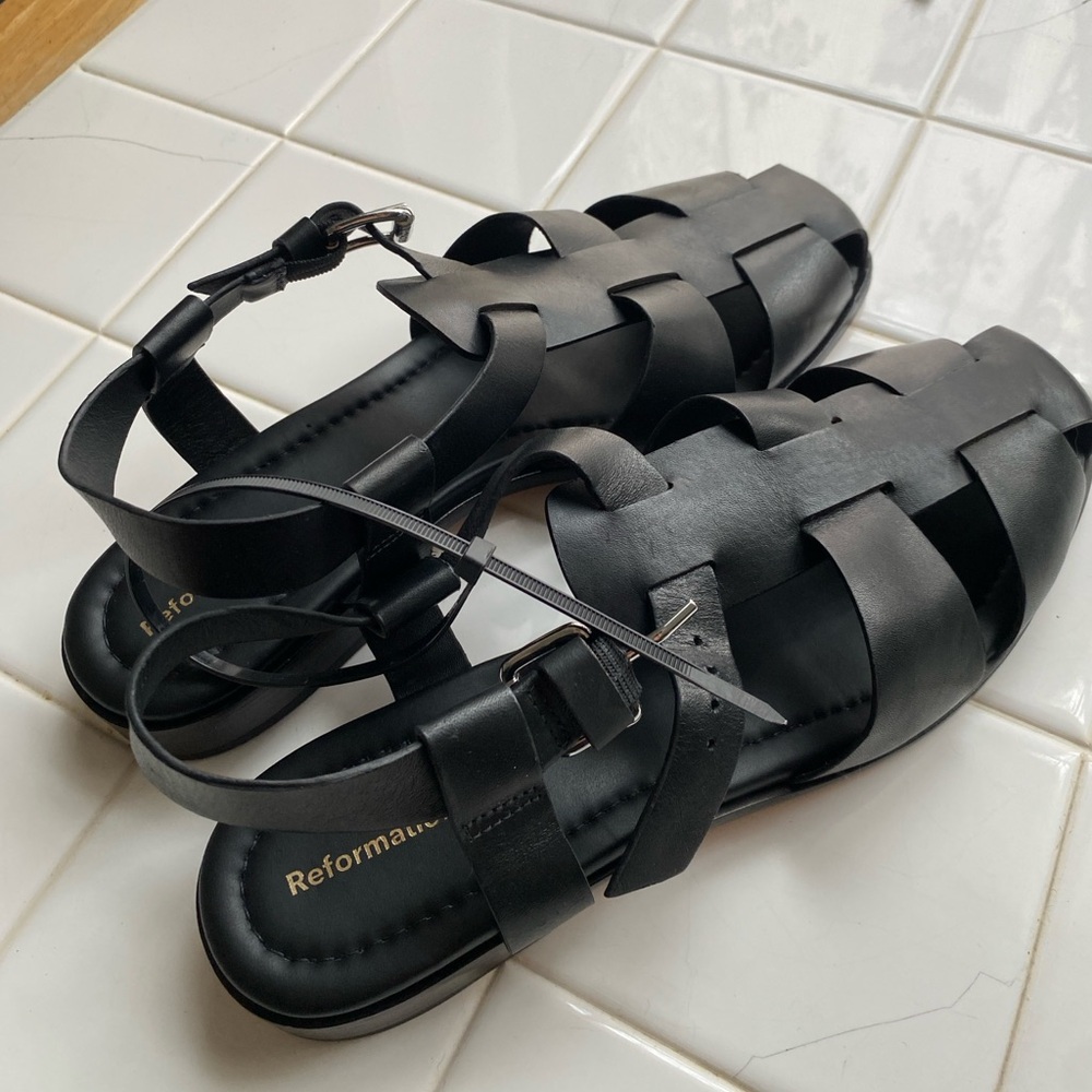 Reformation Freya Fisherman Black Woven Sandals
